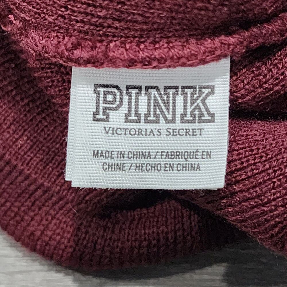 Pink Victoria Secret Womens Beanie Pom Pom Cap Ski Striped Yoga Hat Maroon - Picture 2 of 3